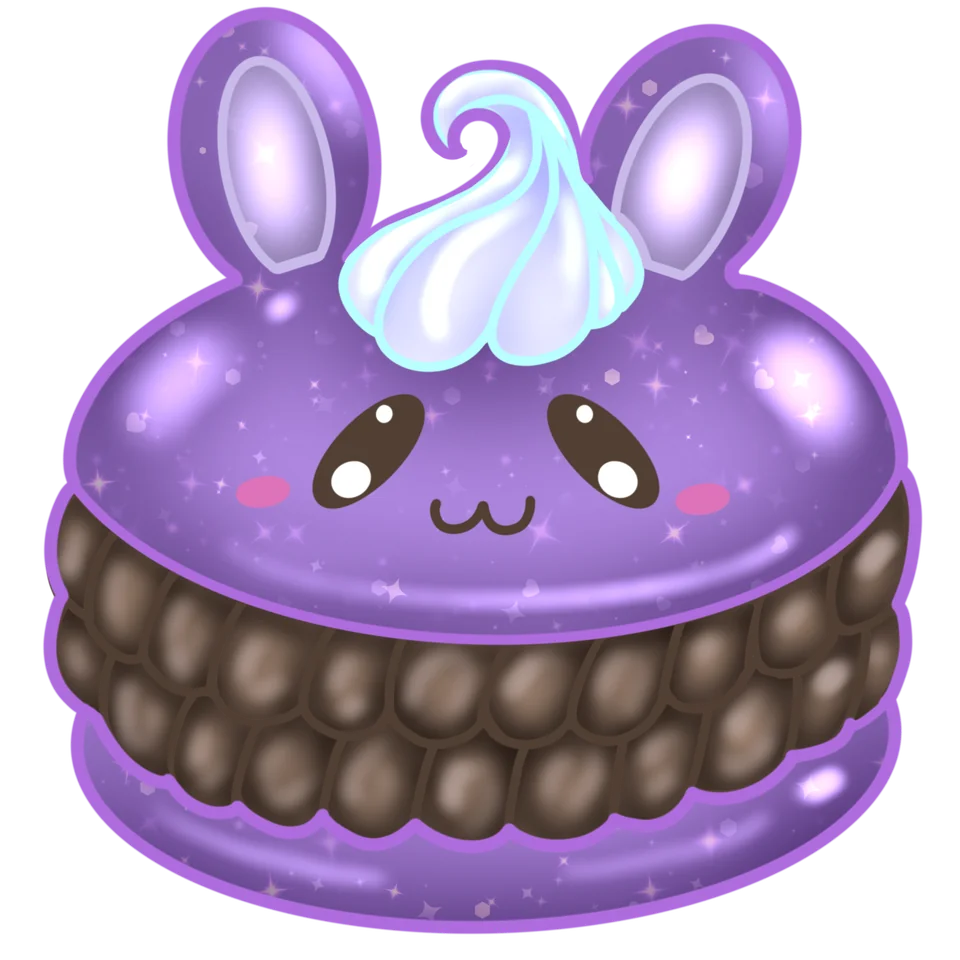 Sparkling purple bunny macaron with chocolate filling and a blue-white cream swirl.